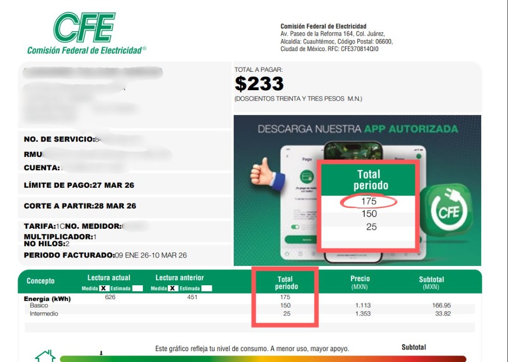 Ejemplo de recibo CFE indicando dónde encontrar el consumo de kWh para dimensionar paneles solares